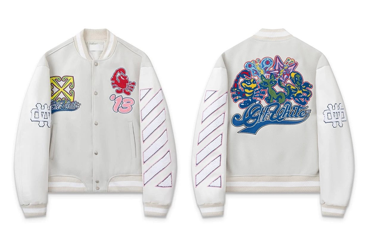 Double R Multicolor Letter Towel Embroidery Sleeve PU Baseball Jacket